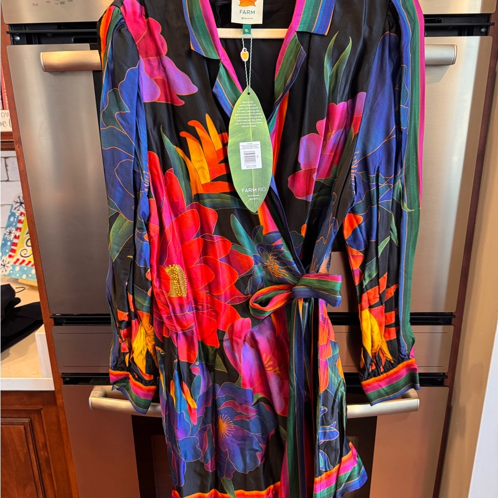 Farm Rio Black Floral Season Scarf Wrap Dress, NWT, XL